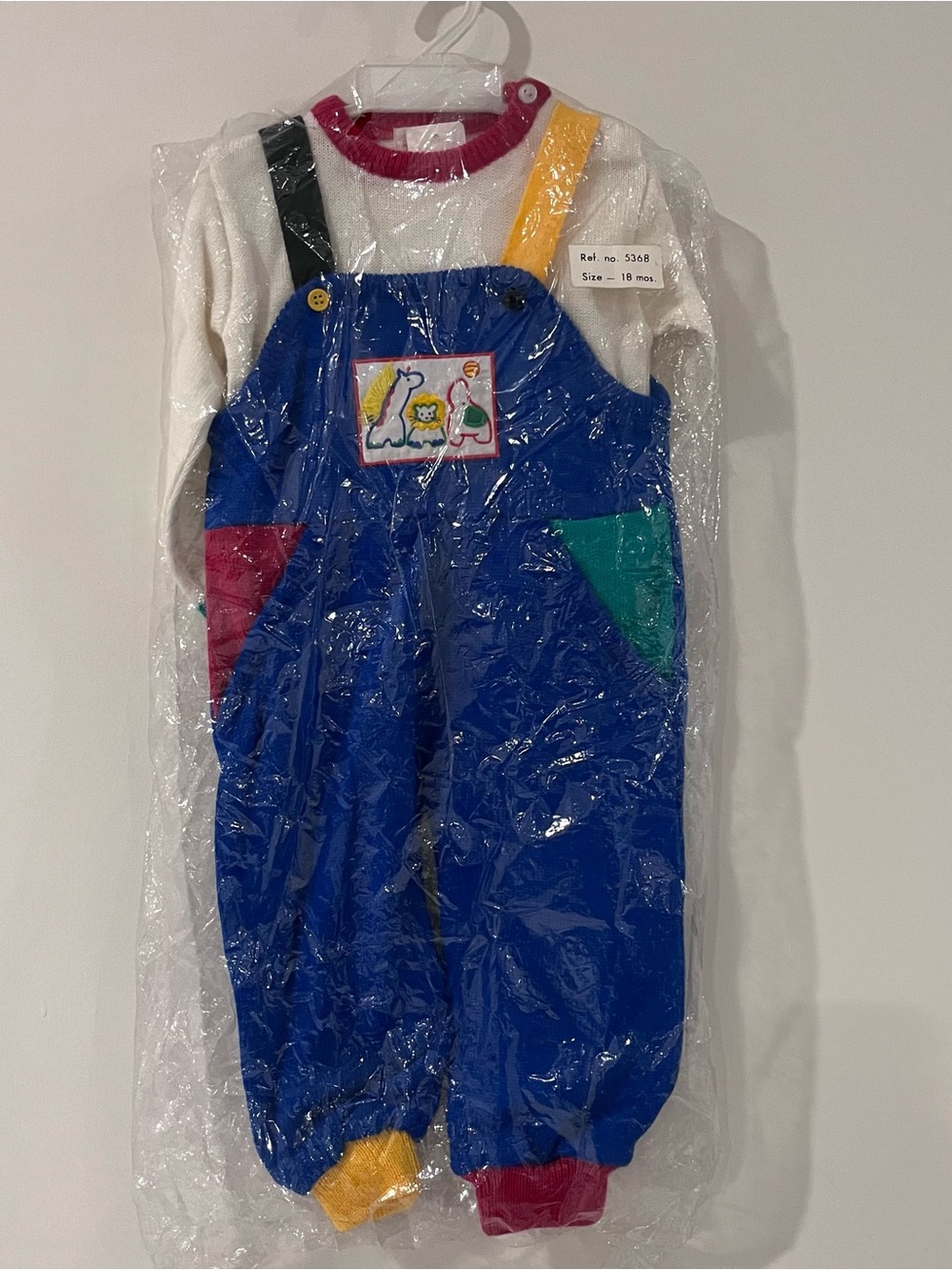 Vintage NEW Baby Boy Sweater Overalls With Shirt 18m Colorful Zoo Animals Winter
